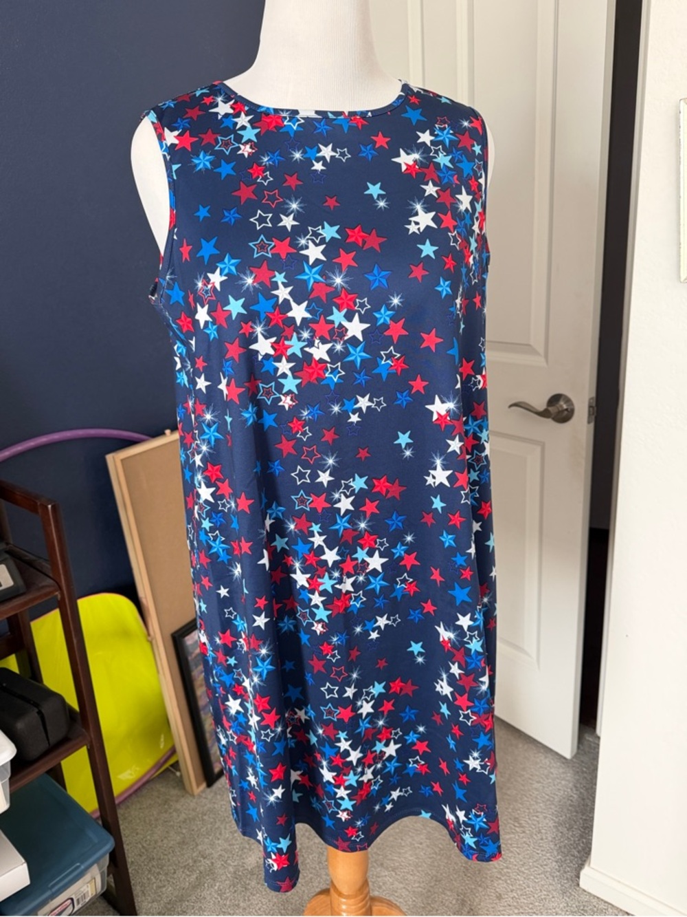 Sleeveless Navy Star Print Mini Dress - Red, White & Light Blue Stars